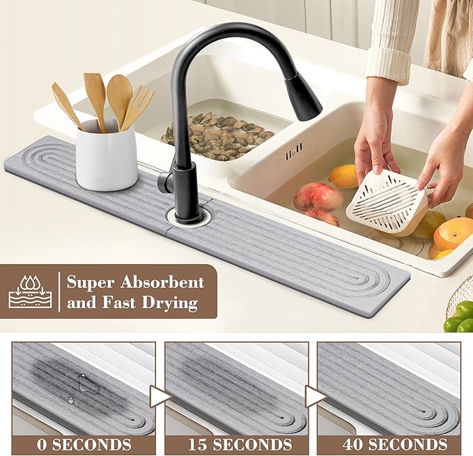 Faucet Mat for Kitchen Sink Diatomite Fast Drying Stone Sink Tray Absorbent Mat Faucet Splash Guard for Kitchen Sink and Bathroom Counter