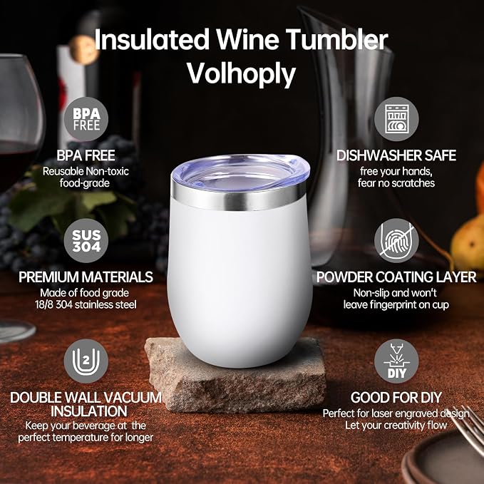 Volhoply 12oz Stainless Steel Wine Tumbler with Lid Bulk 4 Pack,Double Wall Vacuum Stemless Wine Glasses,Reusable Metal Travel Coffe Mug with Straw,Insulated Cup Gifts for Women,Christmas（White,4 Set）