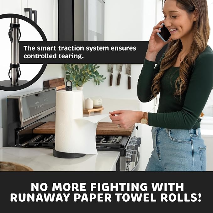 Stainless Steel Paper Towel Holder with Spray Pump – One-Handed Tear, Smart Traction System, 5 oz Sprayer Bottle, Heavy Duty Suction Cups, Weighted Base, Kitchen Towel Dispenser for Countertop Use