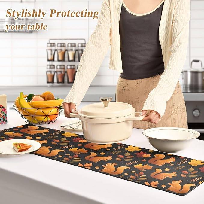 Black Orange Squirrel Leaves Falling Trivet Table Runner Heat Resistant 230F for Hot Dishes Pots Plates Kitchen Dining Table Protector Decorative 39.37 X 11.8 Inch