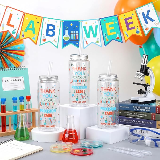Skylety 24 Pcs Lab Week 2026 Gifts Cups Bulk, Laboratory Science Cups Appreciation Gifts 14oz Plastic Tumblers with Lids & Straws, for Laboratory Workers, Scientists, Medical Students & Graduates