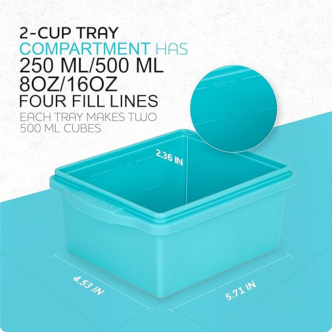 Xomoo Silicone Freezer Tray With Lid - Soup Freezer Container molds - Large Ice Cube Tray- makes 8 perfect 1-Cup & 2-Cup Ice cube Molds Food Soups Storage Containers - Oven & Dishwasher -Safe