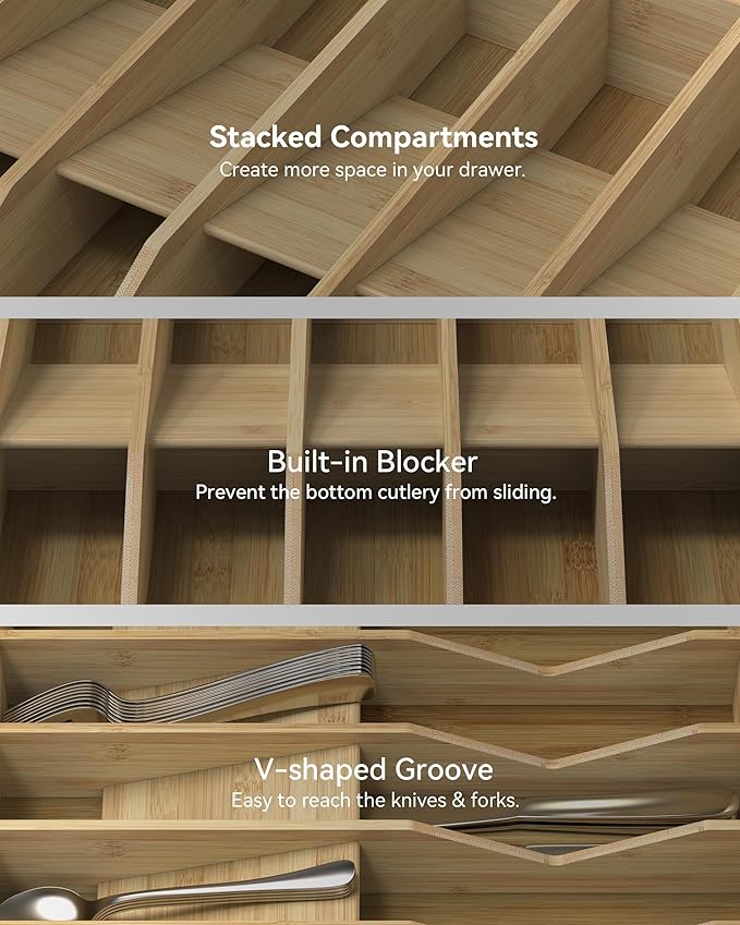 Bamboo Cutlery Drawer Organizer,Silverware Organizer 10 Slot Silverware Tray with V-Groove & Anti-Slip Blocks Flatware Utensil Storage for Kitchen Drawers (16" D x 12.3" W x 2.25" H)