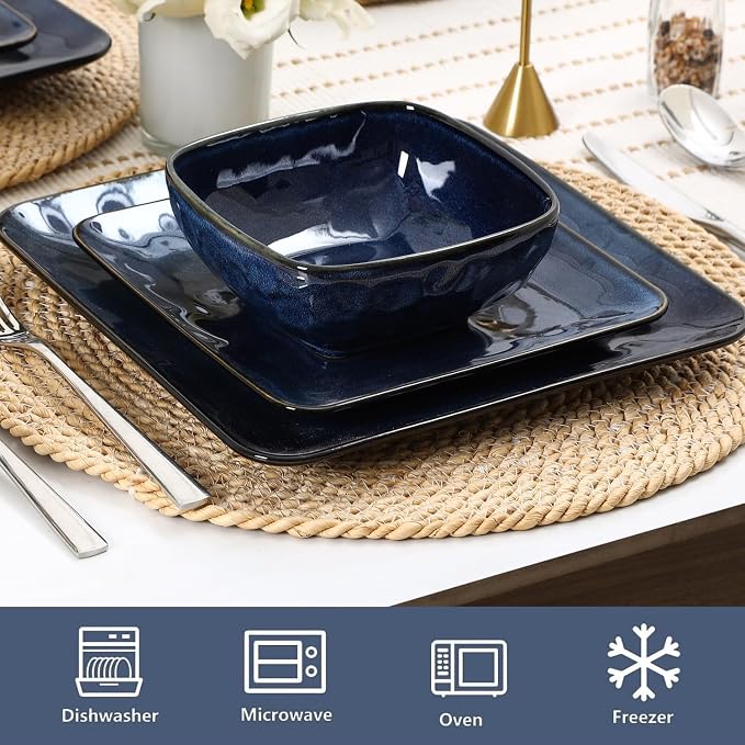 Vicrays Ceramic 24 Pieces Square Dinnerware Set - Dinner Plates Salad Plates Cereal Bowls Set Service for 8 - Scratch Resistant Microwave Oven Dishwasher Safe - Blue