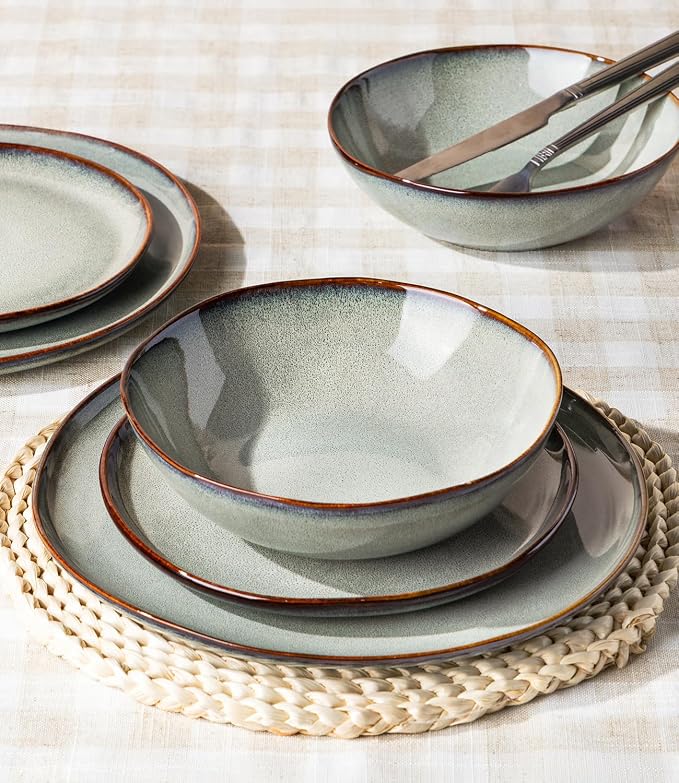 GBHOME Stoneware Dinnerware Sets for 8, 24 Pieces Rustic Earthenware Plates and Bowls Set, Handmade Reactive Glaze Ceramic Plate Sets, Chip Resistant Dishes, Microwave & Dishwasher Safe, Earthy Sage