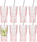 8 Set 20oz Vintage Plastic Tumbler with Lids and Straws Ribbed Floral Drinking Glasses Reusable Iced Coffee Cups for Water Juice Smoothie Cocktail Travel Party Events Gift (Pink)