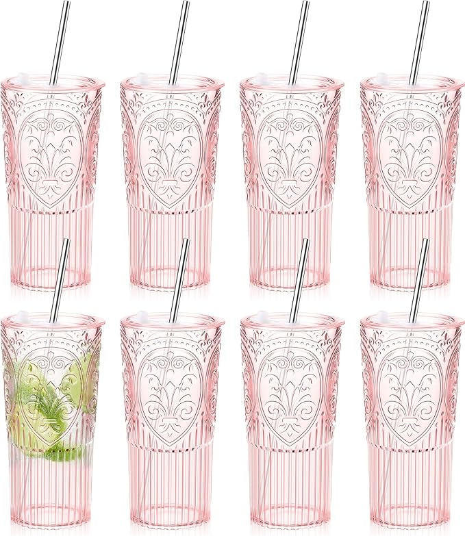 8 Set 20oz Vintage Plastic Tumbler with Lids and Straws Ribbed Floral Drinking Glasses Reusable Iced Coffee Cups for Water Juice Smoothie Cocktail Travel Party Events Gift (Pink)