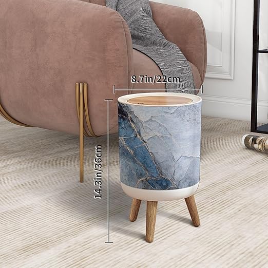 Trash Can with Lid Blue marble texture Italian marble slab golden veins Closeup surface Press Top Round Small Garbage Bin with Wooden Legs Waste Basket for Kitchen Bedroom Nursery 7L/1.8 Gallon