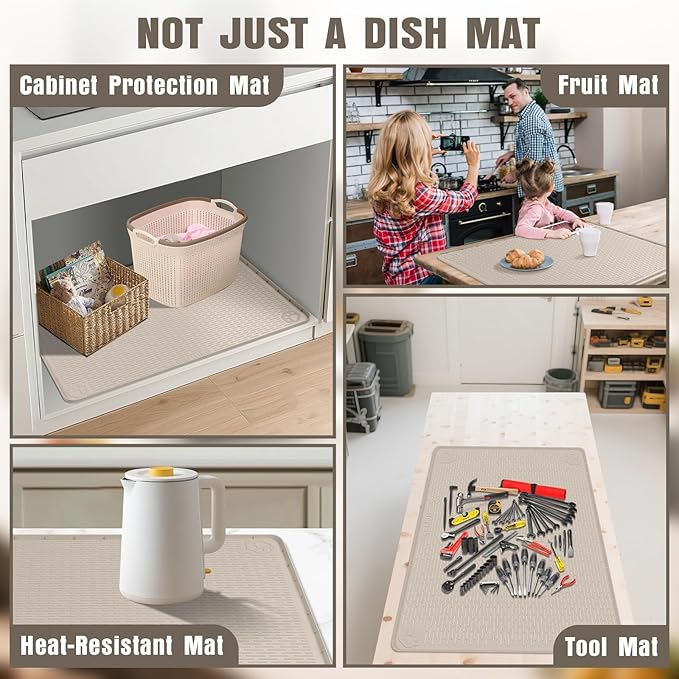 Kalolary Silicone Dish Drying Mat for Kitchen Counter, Extra Large 40" x 28" Dish Drying Pad Mat, Silicone XL Dish Drainer Mat for Dishes with Raise Edge Non-Slip Easy to Clean (Khaki)