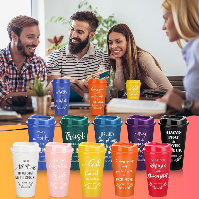 Skylety 60 Pack Bulk Christian Gifts for Men Women 16oz Reusable Bible Verse Tumbler Plastic Coffee Cup with Lid Inspirational Religious Church Gift for Teacher Graduation Party Favor (Multicolor)