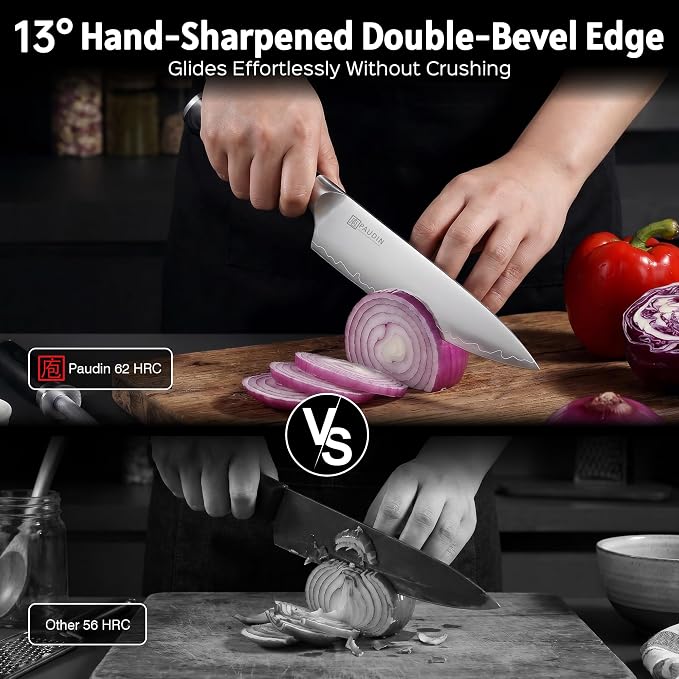 PAUDIN Chef Knife 8 Inch, Ultra Sharp Kitchen Knives 62 HRC, Multi-Layer Damascus Steel Professional Chefs Knife with Full Tang Ergonomic Wood Handle, Meat Vegetable Slicing Knives, Gift for Men Women
