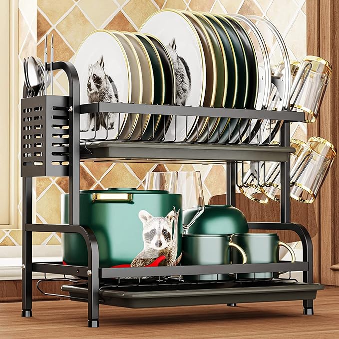 Dish Drying Rack,2 Tier Stainless Steel Dish Rack Drainboard Set,Utensil Holder, Cutting Board Holder,Dish Drainer for Kitchen Counter,Space-Saving (Black)