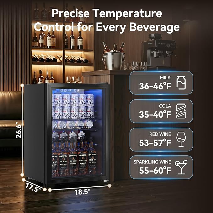 Tehanld 2.5 Cu.Ft Wine Fridge, Beverage Fridge With Glass Door, Wine Cooler Refrigerator, Beverage Drink Beer Cooler, Adjustable Shelves & Digital Temperature Display, 22 Bottle 95 Can