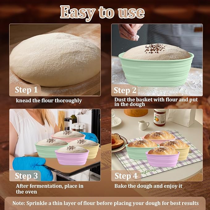 4Pcs Silicone Banneton Bread Proofing Baskets, 10" Collapsible Sourdough Bread Baking Supplies Non-Stick Oval Dough Proofing Bowl Containers Oven Safe for Various Tastes Bread Making-BPA Free