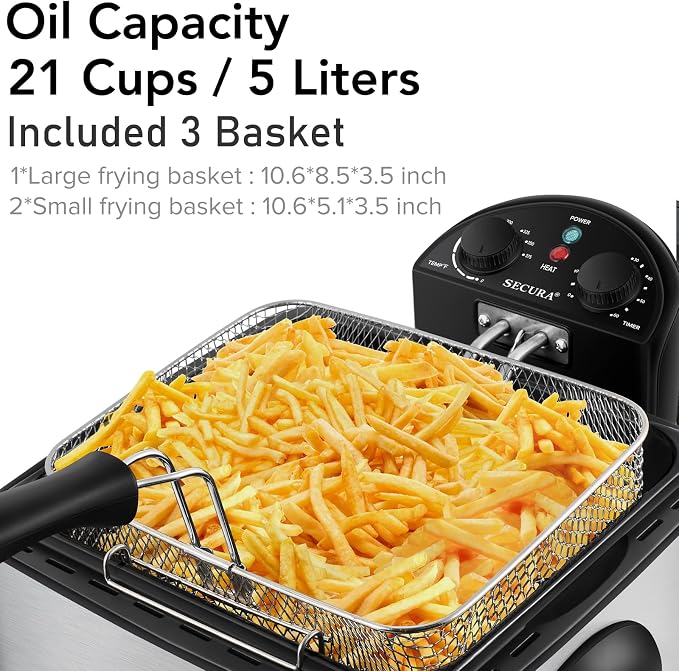 Secura 5 Liters / 21-Cup Stainless-Steel 1700-Watt Electric Deep Fryer with Timer Free Extra Odor Filter, Triple Basket, 5.3 Quarts, Silver