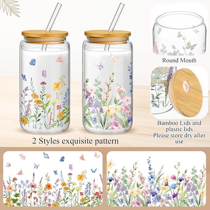 Mumufy 2 Pack Wildflower Glass Cups Gift Aesthetic Cute Glass Cup Tumbler Flower Iced Coffee Mugs 16 oz with Bamboo Lid & Straw, for Wedding Birthday Bridesmaid Mom Baby Shower