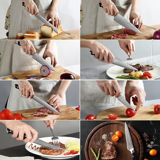 Damascus Kitchen Knife Set, 15-Piece Kitchen Knife Set with Block, ABS Ergonomic Handle for Chef Knife Set and Serrated Steak Knives Knife Sharpener and Kitchen Shears, 14 Slots Wooden Knife Block