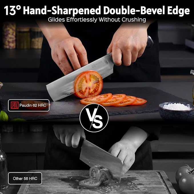 PAUDIN Nakiri Knife 7 Inch,Damascus High Carbon Steel Kitchen Knife 62 HRC, Ultra Sharp Vegetable Chopping Cleaver and Meat Slicing Asian Chef Knife for Home Cooks, Gift Box Included for Women and Men