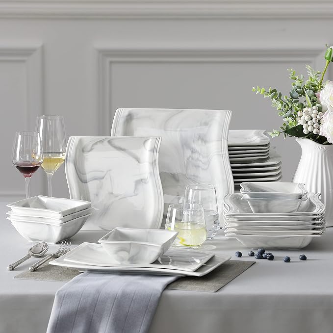 MALACASA 26-Piece Marble Grey Square Dinnerware Sets, Flora Porcelain Dinner Set for 6, Service for 6, Microwave & Dishwasher Safe, BPA, Lead & Cadmium Free