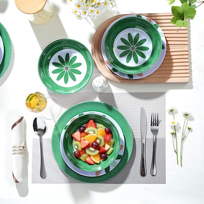 Outdoor Melamine Dinnerware Set 12 Pieces, Spring Party Green Flowers