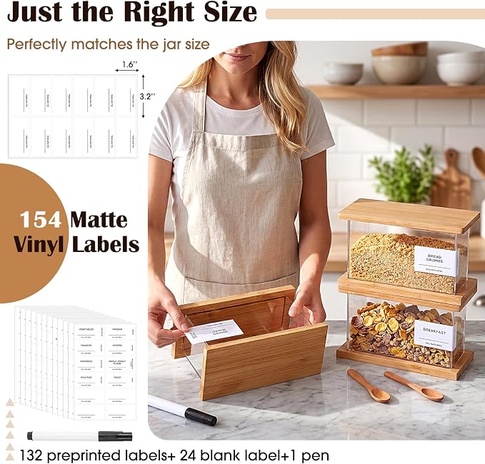 6 Pack Square Acrylic Pantry Storage Containers with Lid Cereal Containers Storage with 144 Pantry Labels, 100oz Small Spice Jars with Airtight Bamboo Lids and Spoon for Sugar, Cereal, Spice