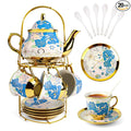 ALIMOTA 20 Pcs Porcelain Tea Set with Metal Holder and Spoon, European Ceramic Tea Set for Adults, European Flower Painting Teapot Cup Saucer Spoon Set for 6, Gift Pack (Blue and Pink)