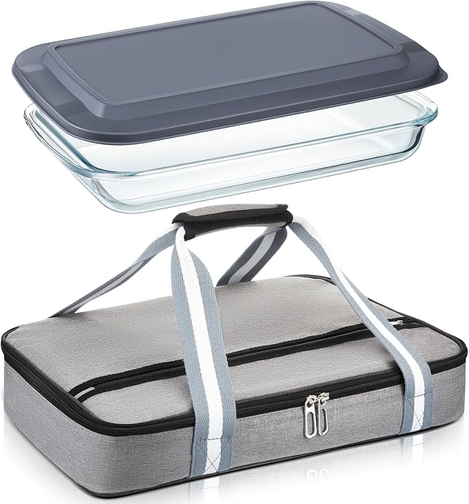 FoldTier Glass Baking Dish with Lid Glass Casserole with Carrier 9 x 13 Inch Insulated Bag for Hot or Cold Food Deep Casserole Dish for Oven Potluck Party Picnic Cookouts