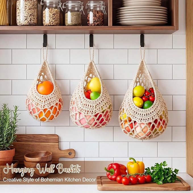 Honeydak Boho Decor Hanging Wall Baskets for Kitchen 3 Pack Teardrop Baskets with Hooks Storage Fruit Onion Vegetable Potato for Home 3 Sizes (White,Crochet,Cotton Rope)