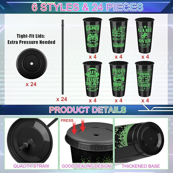 Kochorie 24 Pieces Video Game Plastic Cups 24 Ounces Gaming Party Cups with Lids and Straws Black Green Video Game Tumbler Cups for Birthday Party Video Game Party Supplies Tableware