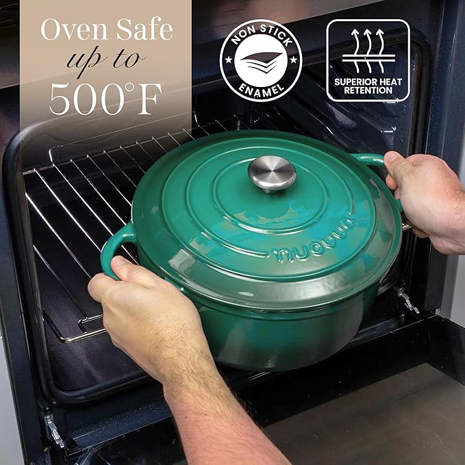 Cast Iron Dutch Oven with Lid - Non-Stick Ovenproof Enamelled Casserole Pot - Sturdy Dutch Oven Cookware - Dark Green, 5-Quart, 24cm - by Nuovva
