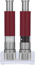 Grind Gourmet Salt and Pepper Grinder Set of 2 with Modern Thumb Push Button Red Grinder, Premium Stainless Steel, for Black Pepper, Sea Salt and Himalayan Salt, With Stand, Peppermill are Refillable