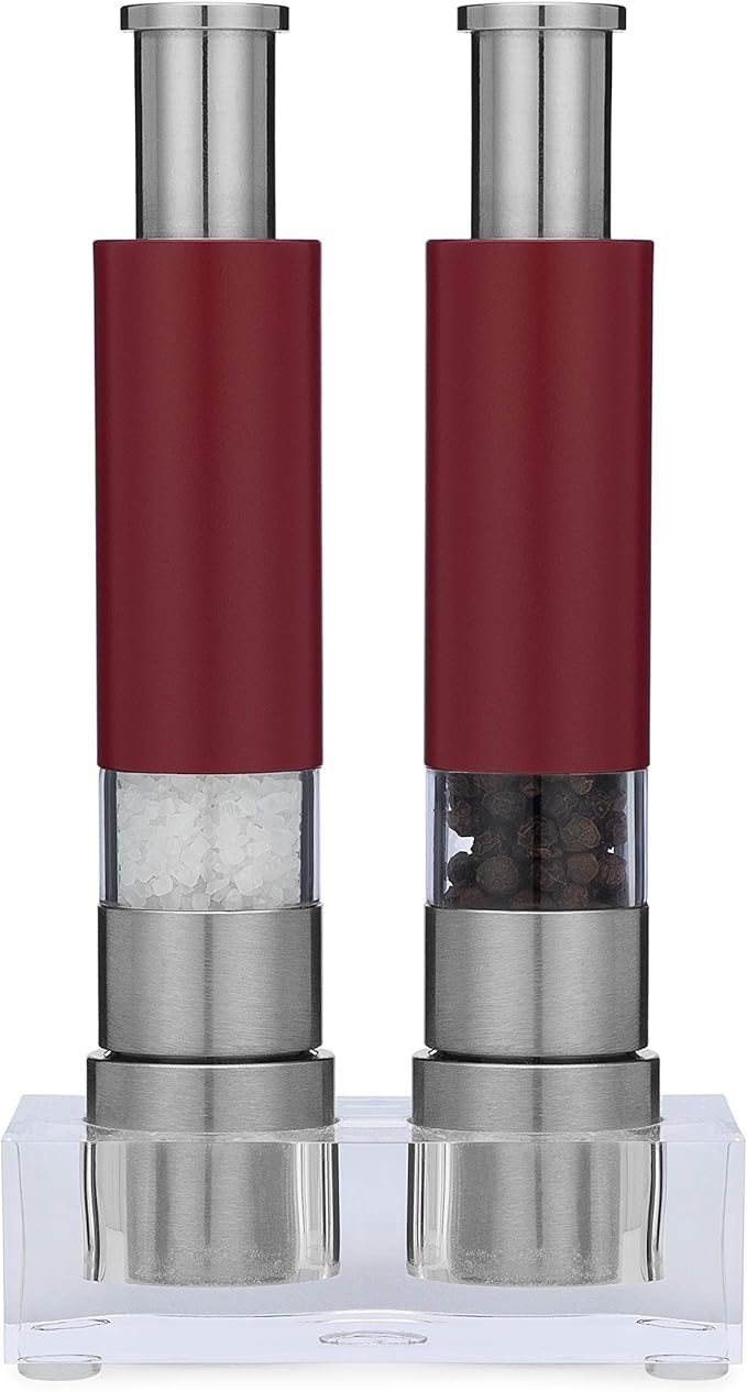 Grind Gourmet Salt and Pepper Grinder Set of 2 with Modern Thumb Push Button Red Grinder, Premium Stainless Steel, for Black Pepper, Sea Salt and Himalayan Salt, With Stand, Peppermill are Refillable