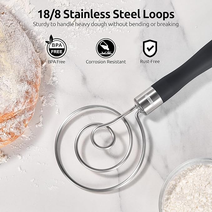 U-Taste 18/8 Stainless Steel Measuring Cups and Spoons Set of 12 and 12.6in Stainless Steel Danish Dough Whisk (Black)