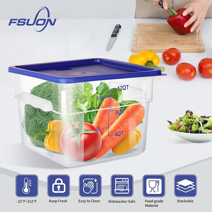 4 Pack 12 Qt Square Polycarbonate Food Storage Containers with Lids | Clear BPA-free PC with lids, side handles, measurement scale and stackable design; for food prep, storage and freezer use.
