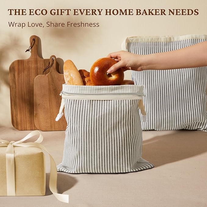 BRONYPRO Reusable Beeswax and Linen Bread Bags with Zipper, 2-Pack Waxed Bread Bags for Homemade Bread & Sourdough, Sustainable Sourdough Loaf Storage to Lock in Freshness, Large 17x12.6in, Grey