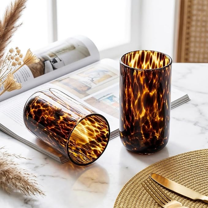 Tortoise Shell Drinking Glasses Set of 4, Brown Decorative Tortoise Shell Tumbler Cups for Wine & Drinks，Drinking Glasses for Wedding Gifts, Housewarming, Cocktail Party (6, 15oz)