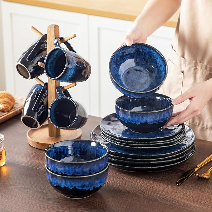 vancasso Starry 16 Pieces Dinnerware Set for 4, Reactive Glaze Blue Stoneware Plates and Bowls Set, Dishes Set with Mugs for 4, Microwave & Dishwasher Safe
