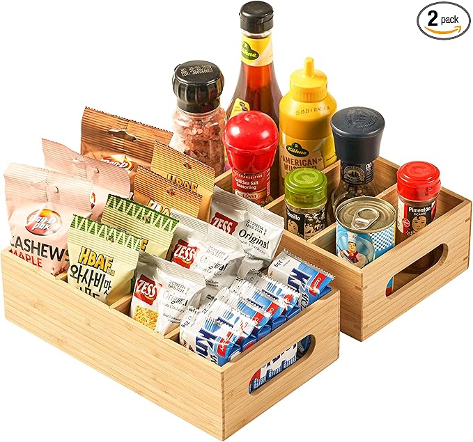 Umilife Bamboo Pantry Organizers and Storage Bins with Removable Dividers, Kitchen Drawer Cabinet Countertop Organization for Snack, Spice Packets, Teabags, Seasoning Pouches (2 Pack)