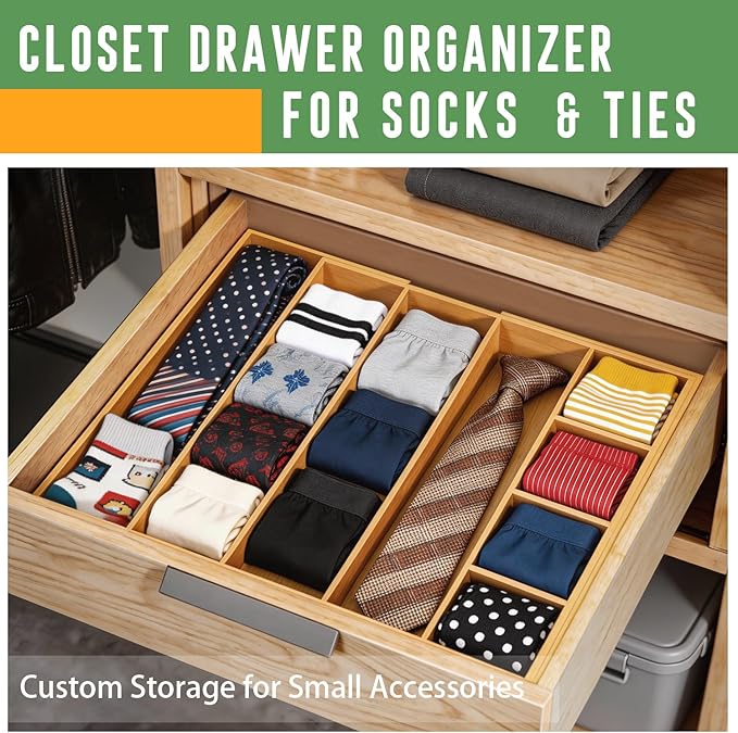 Bamboo Expandable Drawer Organizer with Removable Dividers, 15"-22" Adjustable Tray for Kitchen Utensils, Makeup & Office Storage