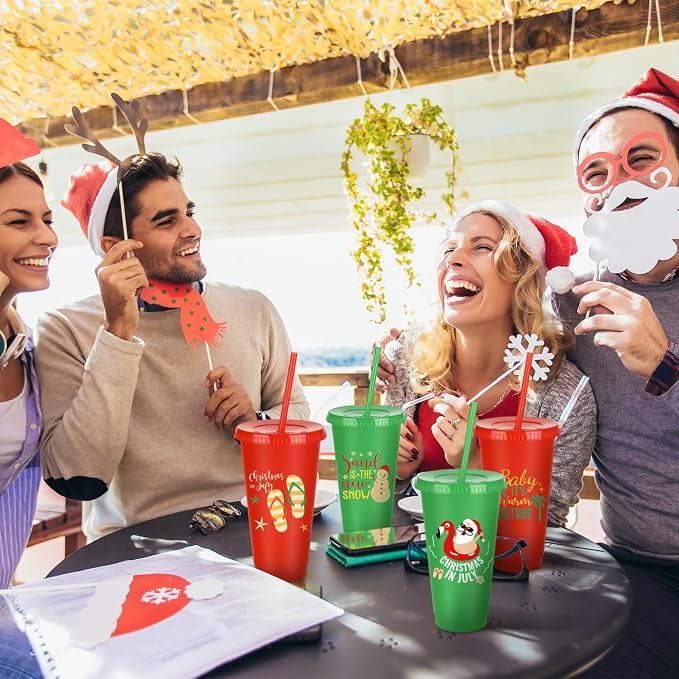 Kochorie 24 Pcs Christmas in July Plastic Cups 24 Oz Reusable Summer Christmas Party Cups with Lids and Straws Thick Plastic Tumbler Bulk for Summer Christmas Party Supplies