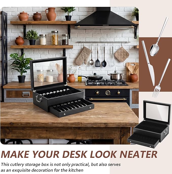 DoubleFill 2 Layer Leather Silverware Storage Box with Lid and Handles, Anti Tarnish Silverware Storage Chest Case with Felt-lined for 12-16 or More Sets of Utensils Flatware Gifts, 15.3x11.2x5.7 Inch