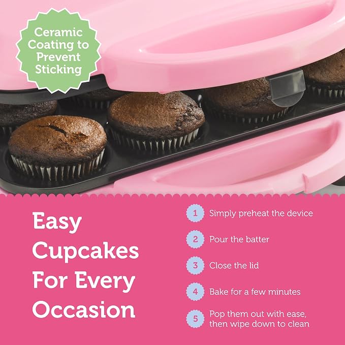 Babycakes Full Size 12 Cupcake Maker - Kitchen Appliance with Nonstick Coating & Latching Handle - Machine for Full-Sized Cupcakes - Includes Manual with Cupcake Recipes