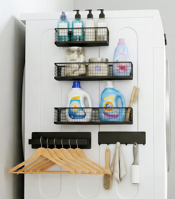 Magnetic Spice Rack Refrigerator,Include Paper Towel Holder And Hooks, For Traeger Grills Of Washing Machine Side (Black, 5-Pack)