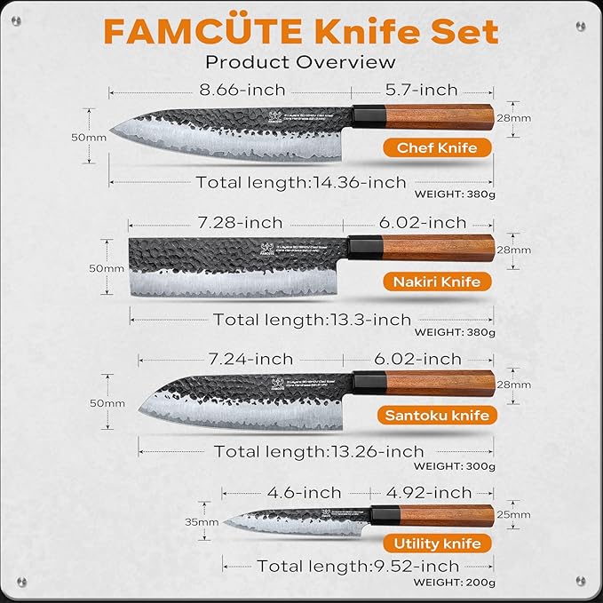 FAMCüTE Japanese Knife Block Set, Hand Forged 5-Layer 9CR18MOV Clad Steel Ultra Sharp Kitchen Knives with Wooden Storage & Rosewood Handle, Includes Chef, Santoku, Nakiri, Fruit Knife for Home Mom/Dad | Hand Forged 5-Layer 9CR18MOV Clad Steel Chef Kniv...