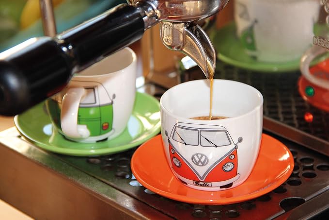 BRISA VW Collection - Volkswagen Espresso Cups Coffee-Tea-Cappuccino Set in T1 Bus Campervan Design (Bus Front/100ml/3.4 fl oz) (Set of 4 (red/black, petrol/brown, orange, green))