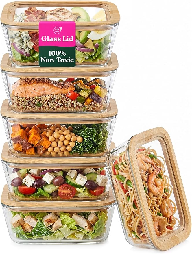 6-Pack Glass Food Storage Containers with Clear-Top Bamboo Lids – Plastic Free 27 Oz Glass Meal Prep Containers for Lunch, Eco Friendly Airtight Food Storage, Microwave & Oven Safe