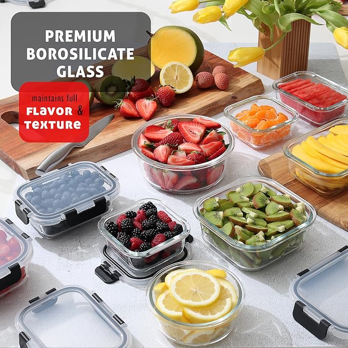 EATEX 16pc Glass Food Storage Containers with Lids, Airtight Glass Meal Prep Containers, 8 Reusable Food Storage Bins with 8 Leakproof Snap Lock Lids, Oven Microwave Freezer Safe Containers New
