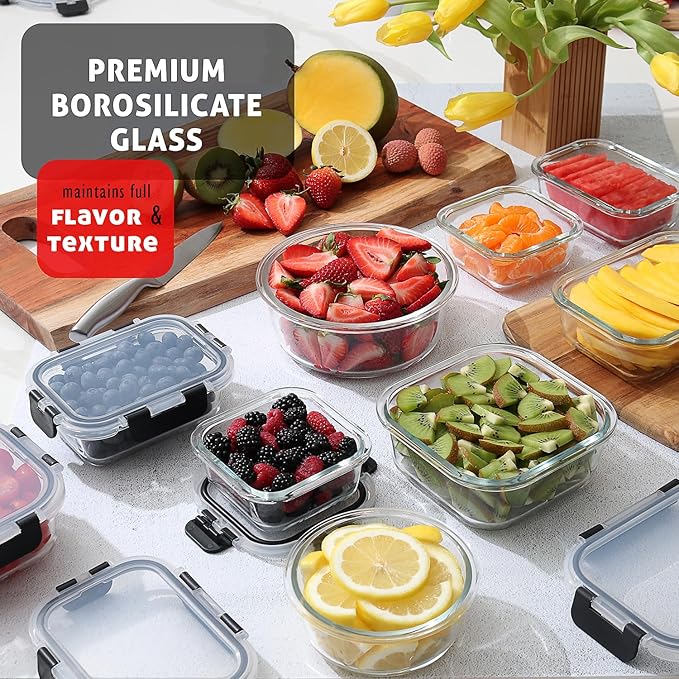 Nestl 48pc (24 Airtight, Freezer Safe Food Storage Containers and 24 Lids), Pantry Kitchen Storage Containers, Glass Meal Prep Container for Lunch, Glass Storage Containers with Lids Black