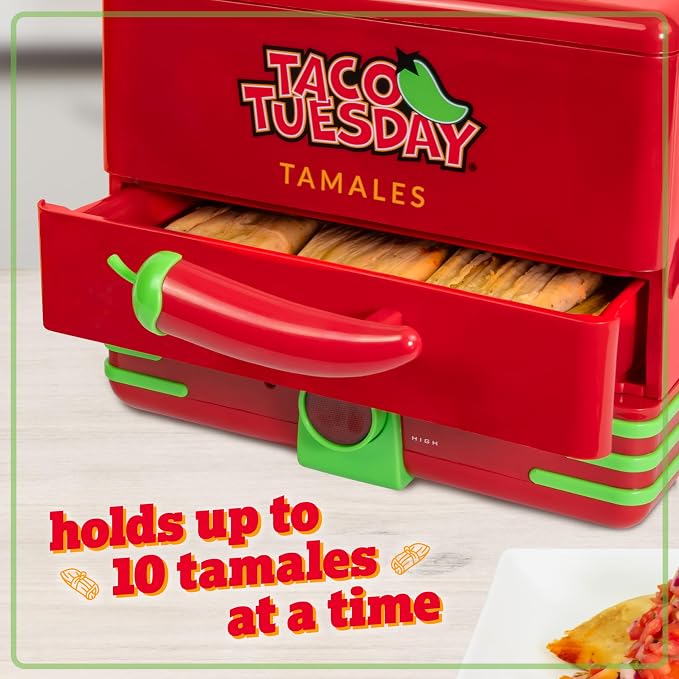 Nostalgia Taco Tuesday Tamales Steamer - Veggie, Pot Sticker, Hot Dog, Egg, & Hot Tamale 2 Tier Food Steamer – Red and Green