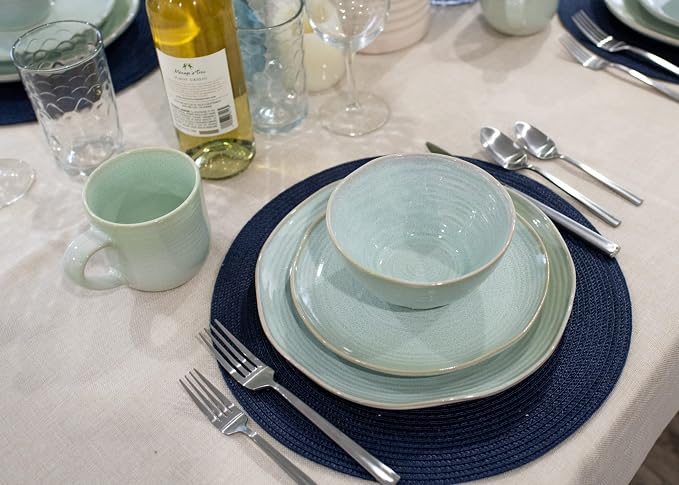 Elanze Designs Reactive Glaze Farmhouse Rustic Boho Ceramic Stoneware Dinnerware 16 Piece Plate Bowl Mug Dish Set - Service for 4, Seafoam Mint Green